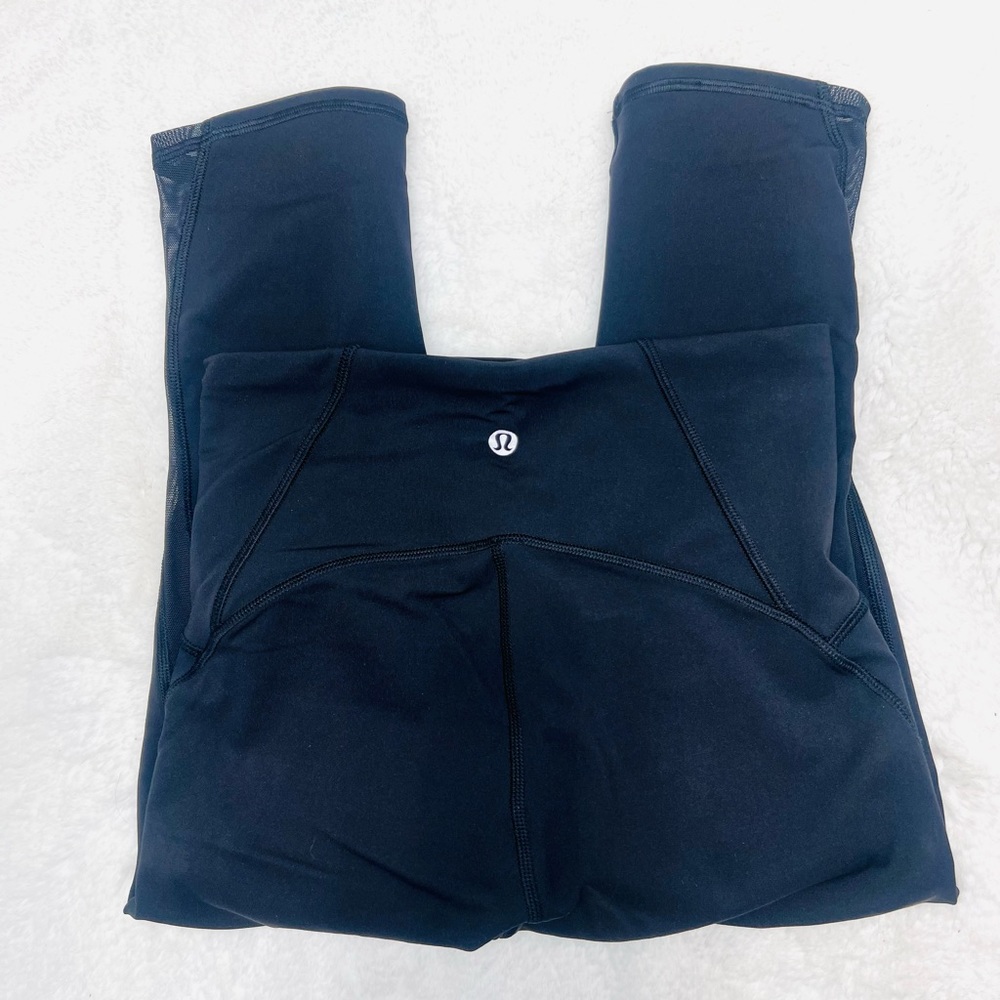 LULULEMON Wunder Under Solid Black Crop Side Mesh Leggings Size 4